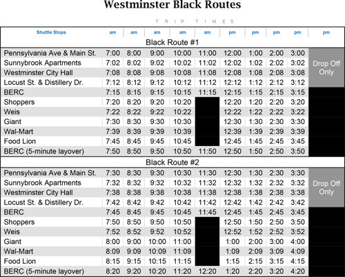 Westminster Black Route for Carroll Transit System